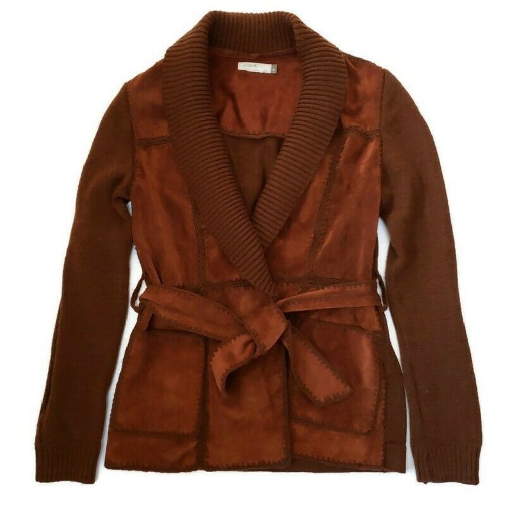 J Crew Vtg Leather Wool Knit Patchwork Cardigan xs